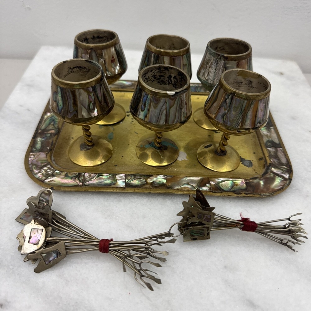 Vtg Alpaca Mexico Brass Cordial Cocktail Shot Glasses Tray Set Of 6 And 23 Picks